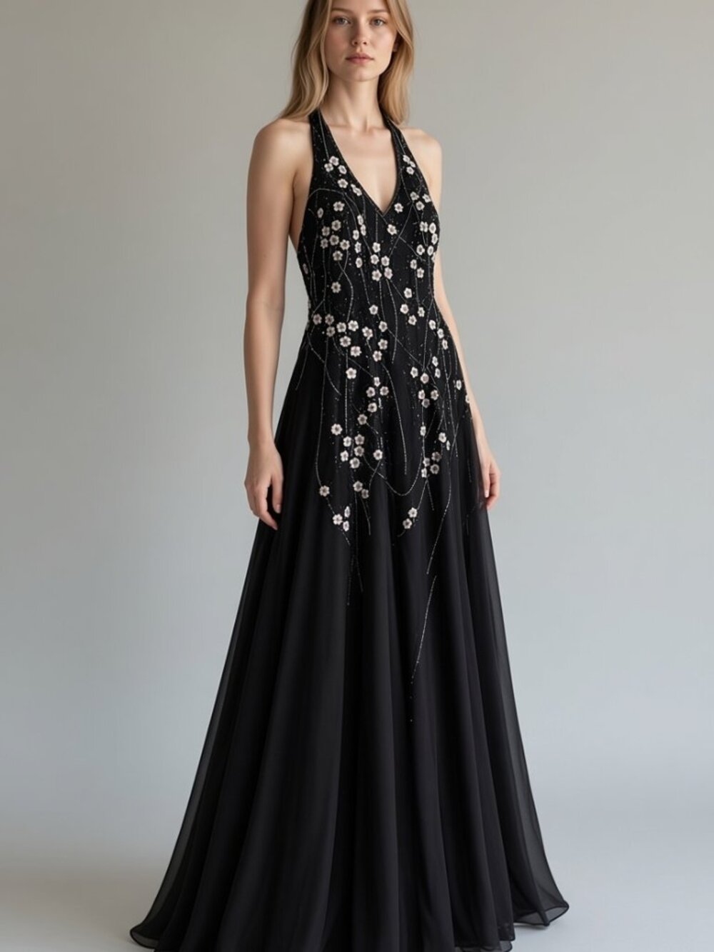 Black halter-neck evening gown